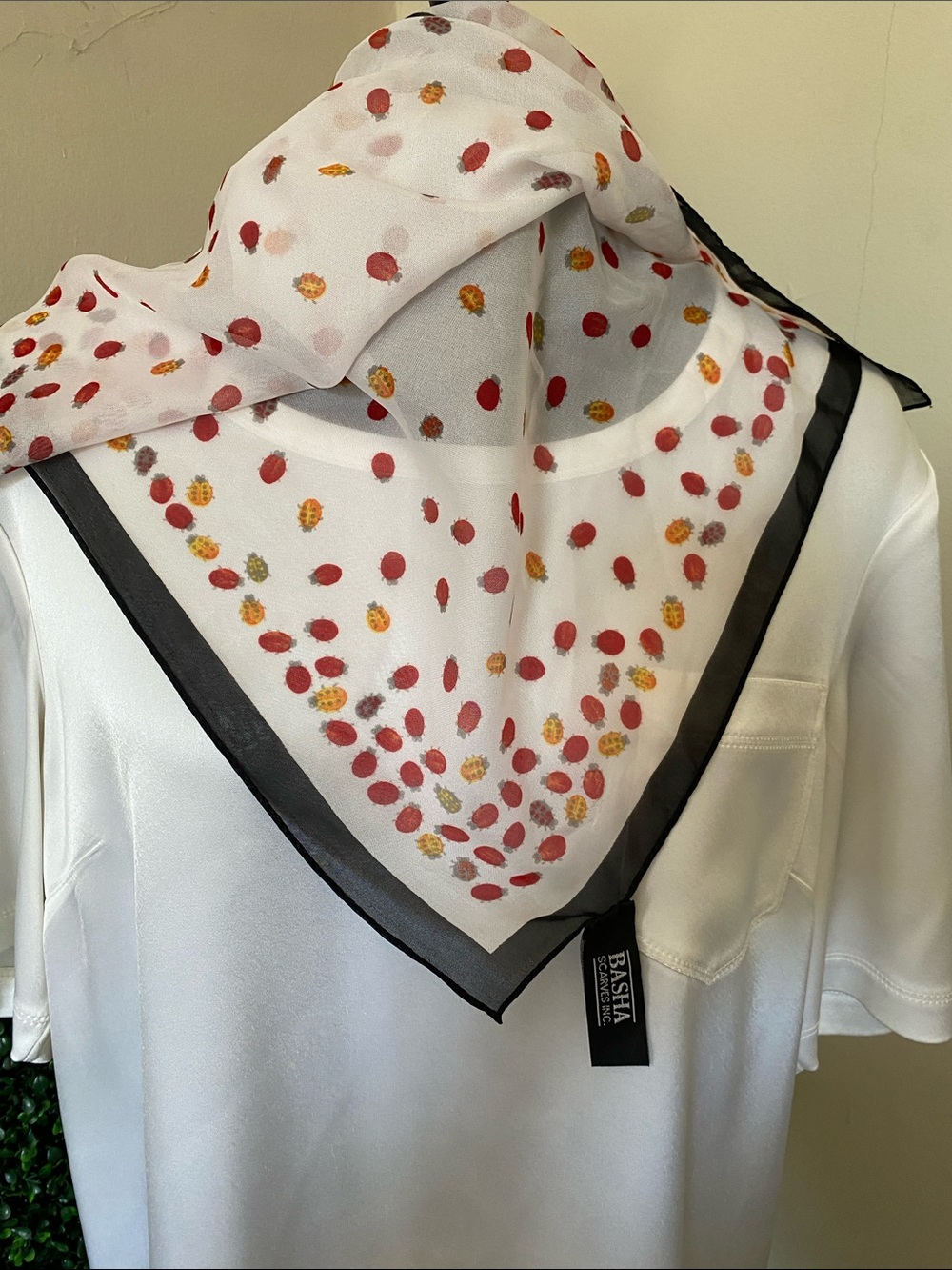 White Sheer Scarf with Red & Gold Dot Motif